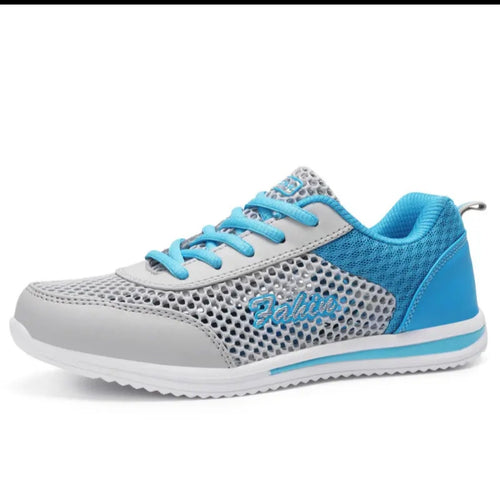 A light gray and bright blue athletic sneaker with a mesh upper, blue laces, and a white sole, shown from a side profile on a white background.